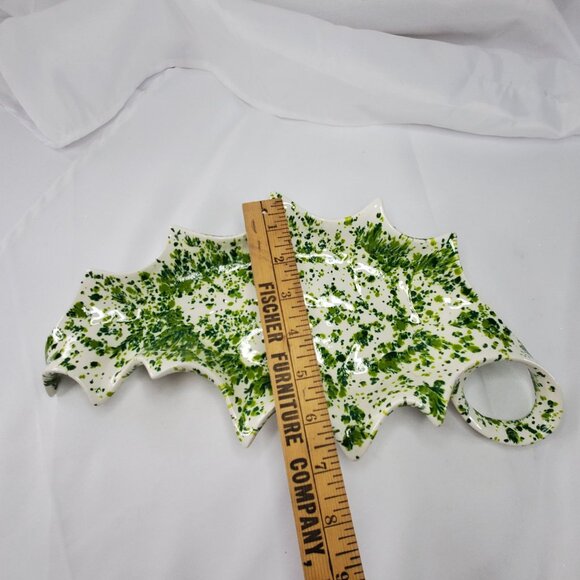 VTG Ceramic Holly Leaf-Shaped serving Tray Green White Splatter 1970's MCM - Picture 4 of 12